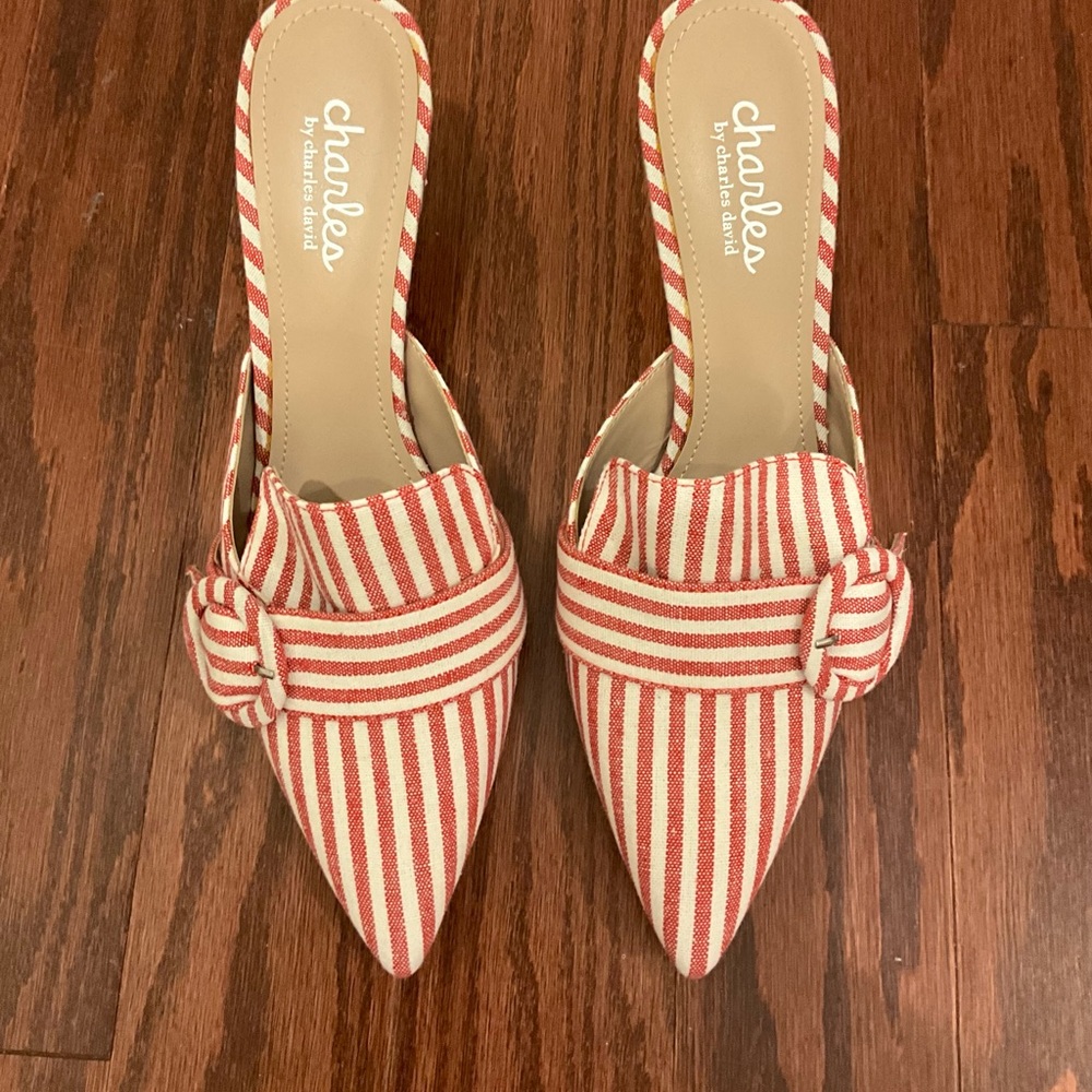 NWOT Charles David Red and White Striped Mules